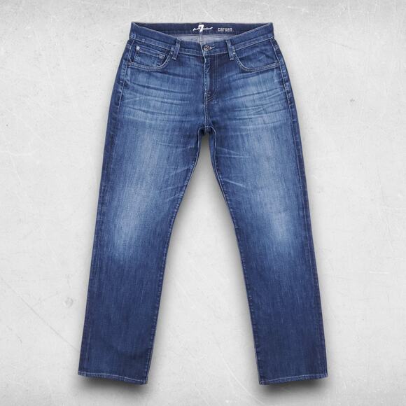 7 For All Mankind Carsen Jeans Mens 32 Dark Blue Faded Straight Designer Modern - Picture 1 of 13